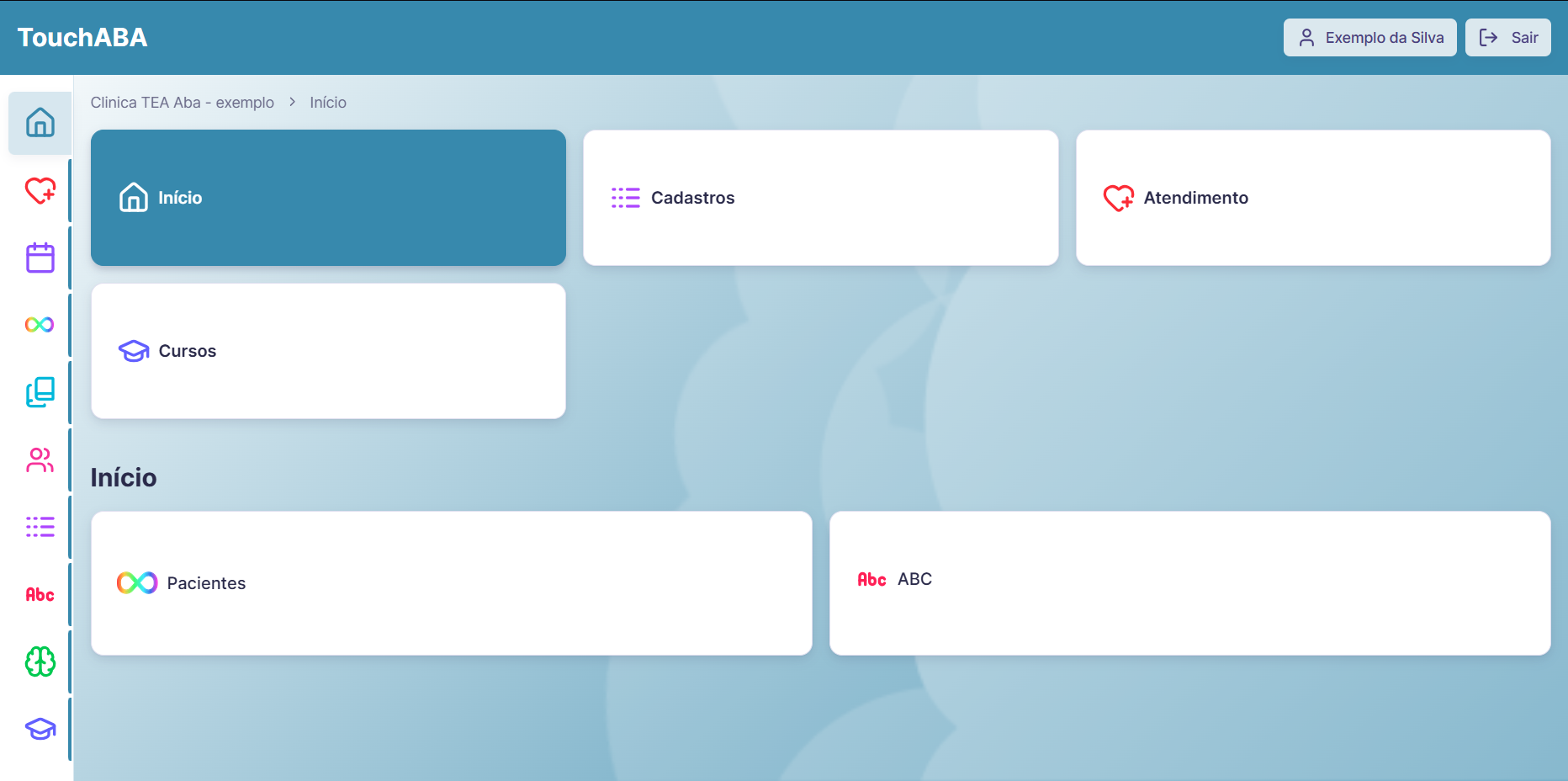 Painel inicial do Touch ABA com os módulos de início, cadastros, atendimento, cursos, pacientes e ABC
