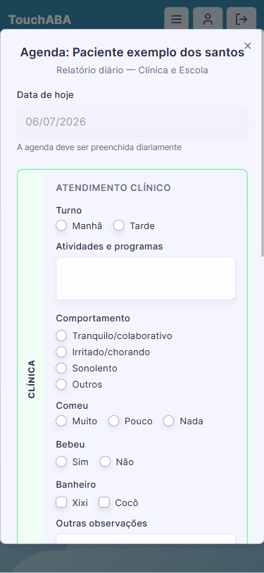 Agenda do paciente no app com relatório diário de clínica e escola
