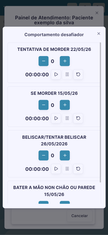 Registro de comportamentos desafiadores no app, com contadores e cronômetros por ocorrência
