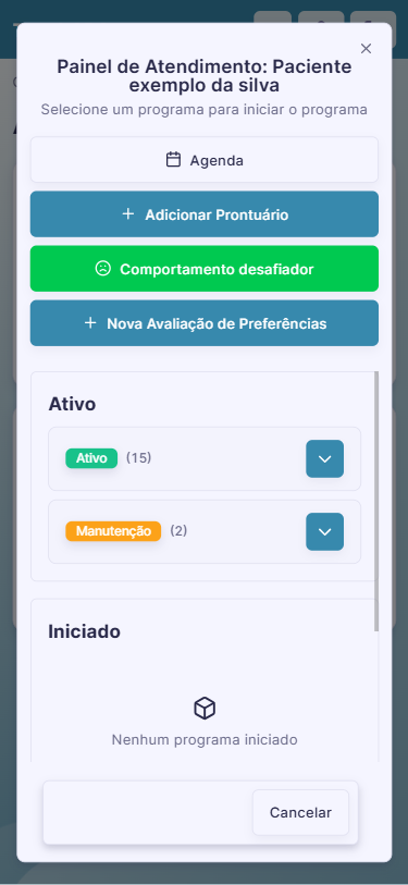 Painel de atendimento no app: seleção de programas, prontuário e avaliação de preferências